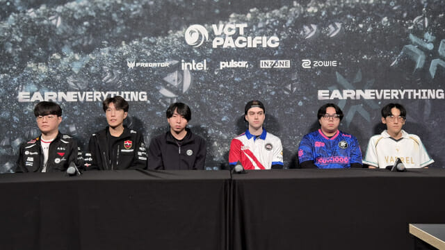 (왼쪽부터) T1 'Meteor' 김태오, NS 'Rb' 구상민, ZETA 'SugarZ3ro' 와타나베 쇼타, GE 'autumn' 케일 던, PRX 'invy' 에이드리언 레예스, VL 'C1ndeR' 고재혁 선수. 사진=지디넷코리아 진성우 기자