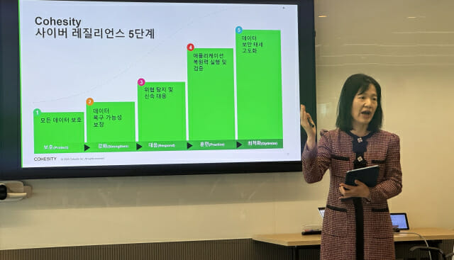 코헤시티 최고기술책임자(CTO)를 맡고 있는 김지현 코헤시티 전무가 레질리언스 5단계에 대해 설명하고 있다.