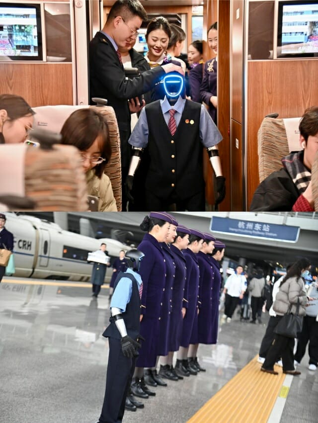 중국 춘절 기간 동안 열차에 탑승해 승객을 도와주는 유니트리 G1 로봇 (사진=페이스북 @ ShanghaiEye)