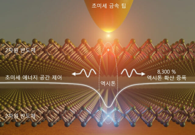 2차원 반도체 위에 초미세 금속 팁을 정밀하게 배치, 나노미터 공간에서 8,300%의 엑시톤 흐름 증폭 현상이 가능함을 묘사한 그림.(사진=POSTECH)