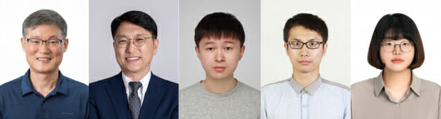 UNIST 연구진. 왼쪽부터 백종범 교수, 임한권 교수, 연훠 샤오 연구원(제1저자), 루난 관 연구원과 구지원 연구원(이상 공동 제1저자)(사진=UNIST)