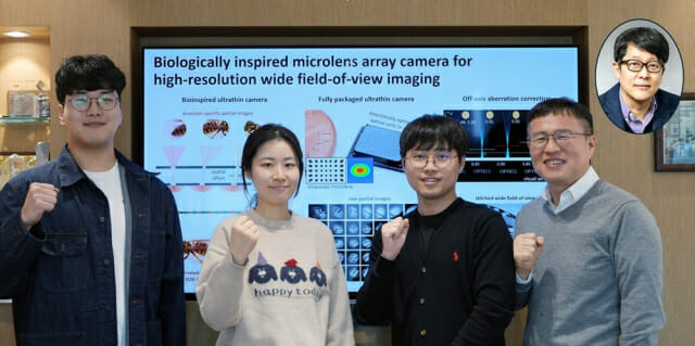 KAIST 연구진. 왼쪽부터 차영길, 김현경, 권재명 박사과정 연구생, 정기훈 교수, 맨 오른쪽 원 사진은 김민혁 교수.(사진=KAIST)